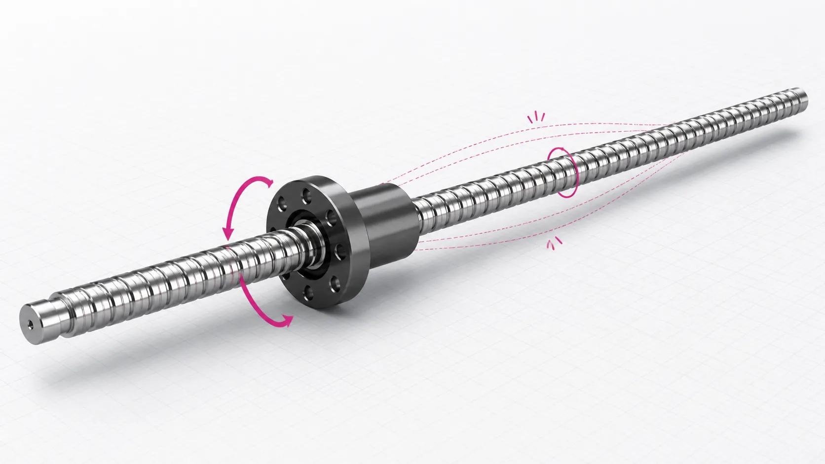 Ball screw and flanged nut showing rotation and critical-speed vibration